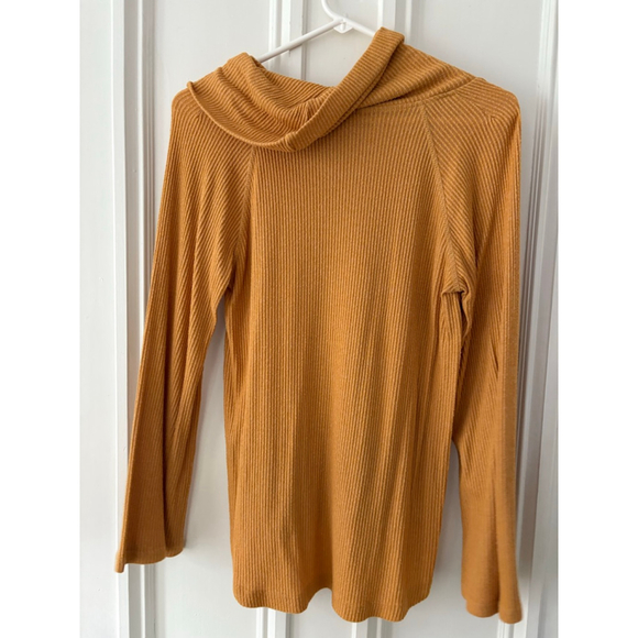 Maeve by Anthropologie women's Mustard Ribbed Cowl Neck Long Sleeve Tee XS - Picture 3 of 4